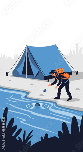 Adventurer Camps By Serene River Engaging In Peaceful Stone Skipping Activity