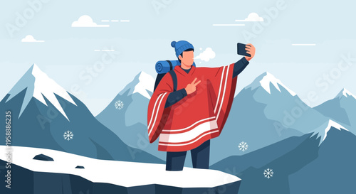 Adventurer Captures Snowy Mountain Vista Through Selfie