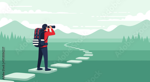 Adventurer Gazing Towards Distant Mountain Peaks and a Winding Path