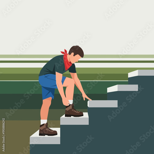 Adventure Seeker Ascends Outdoor Staircase Preparing for Hiking Expedition