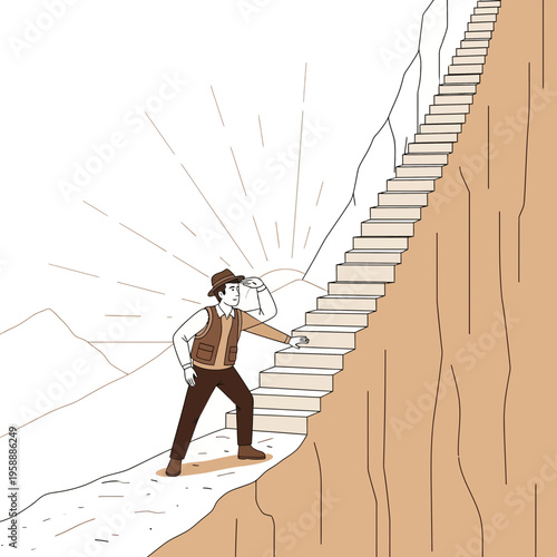 Adventurer Gazing Towards Distant Summit From Rocky Ascent