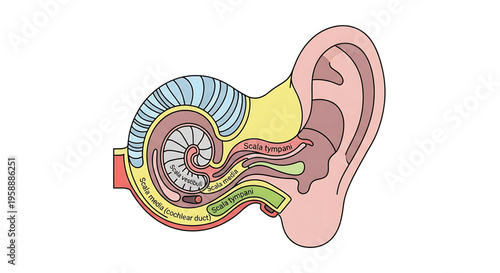 A detailed vector illustration of the human ear anatomy showing its internal structures