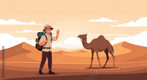 Adventurer Greets Camel In Expansive Desert Landscape At Sunrise