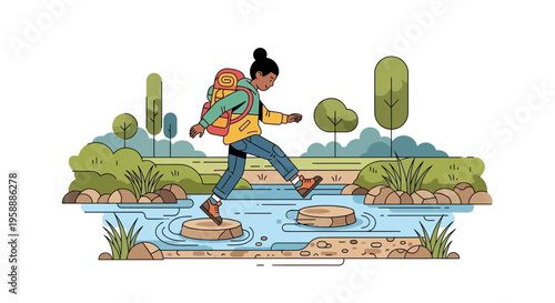 Adventure Seeker Crossing Water Stream Over Rocks Backpacking Exploration