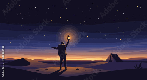 Adventurer Holding Lantern Under Starry Night Sky