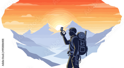 Adventurer Navigates Majestic Peaks Under A Fiery Sunset Sky