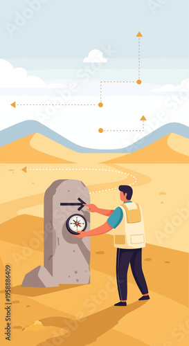 Adventure Seeker Navigating Through Desert Landscape With Compass Guidance