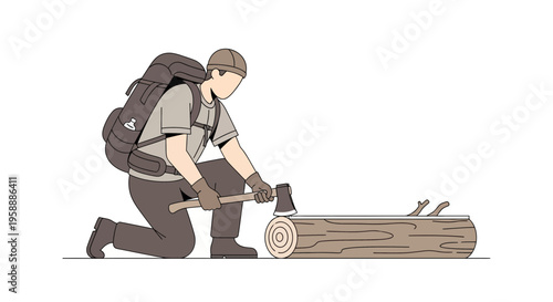 Adventurer Chopping Wood for Survival with Backpack and Axe