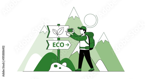 Adventurer Navigates Eco-Friendly Path Amidst Verdant Mountains