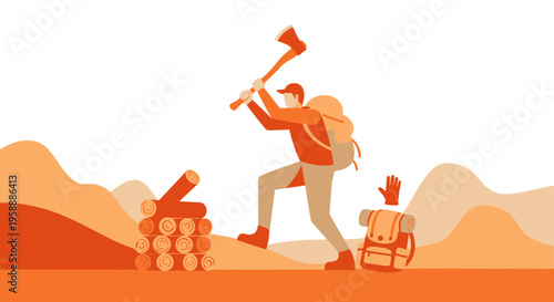 Adventurer Chopping Wood With Axe And Backpack In Wilderness Landscape