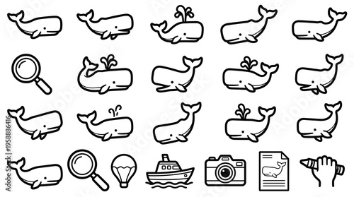 Sperm whale vector icon grid set. Large collection of simple outline cartoons of marine mammals and additional objects: magnifying glass, hot air balloon, boat, camera, document, pencil.