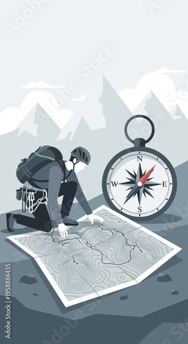 Adventurer Navigates Mountainous Terrain With Compass and Map