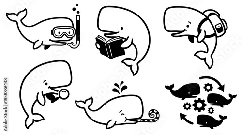 Cute sperm whale vector icon set. Anthropomorphic marine mammal characters snorkeling, reading book, wearing backpack, examining with magnifying glass, blowing water, donut, and process diagram.