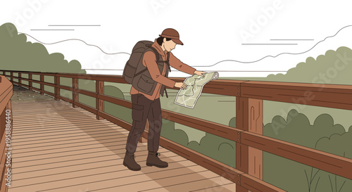 Adventurer Consulting A Map On A Boardwalk Trail During A Hike