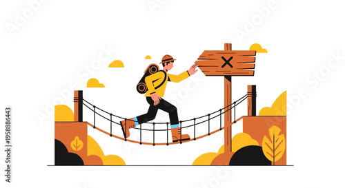Adventurer Navigates Rope Bridge Towards Signpost With X Mark