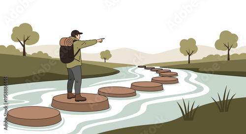 Adventurer Navigates Stepping Stones Across A Serene River