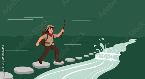 Adventurer Navigates Stepping Stones Across Swift River Journey