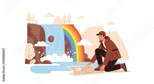 Adventurer Consulting Map Near Rainbow Waterfall Inspiring Exploration