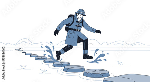 Adventurer Navigates Stepping Stones Across Water Towards Distant Horizon