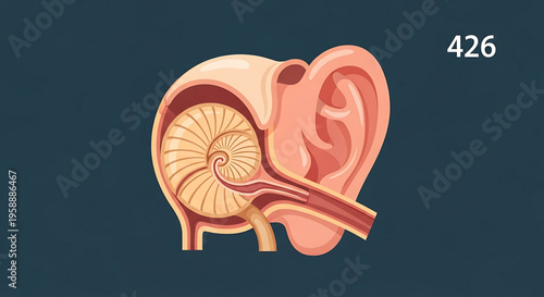 A detailed vector illustration of a human ear anatomy with a cutaway view showing the inner ear structures.