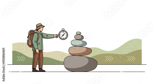 Adventurer Navigates Towards Zen Balance With Compass And Stones