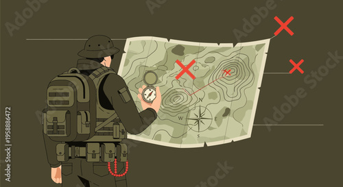 Adventurer Navigates Topographic Map With Compass And Marked Objectives