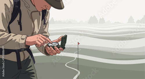 Adventurer Consults Compass Amidst Rolling Hills Landscape