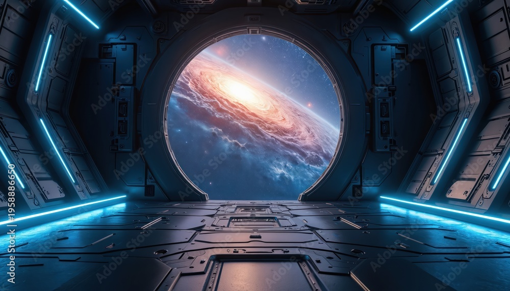 Fototapeta premium Interior of futuristic spacecraft docking bay looking out at galaxy and stars. Blue neon lights illuminate metal floor and walls. Space station view.