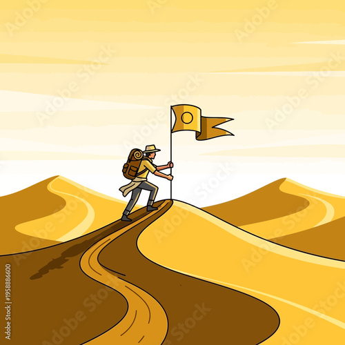 Adventurer Reaching Summit with Flag in Golden Desert Landscape