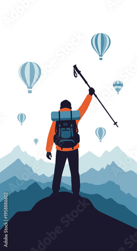 Adventurer Reaching Mountain Summit With Balloons Above Majestic Peaks
