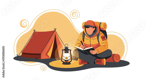 Adventurer Reflecting By Lantern Light Beside Tent