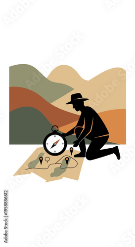 Adventurer Navigating With Compass And Map In Abstract Landscape