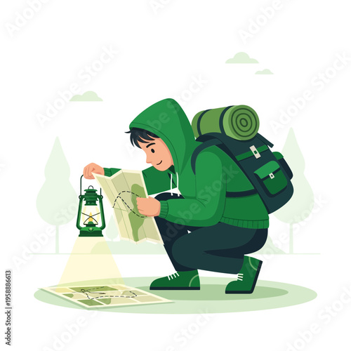 Adventurer Navigating Wilderness With Map And Lantern During Expedition