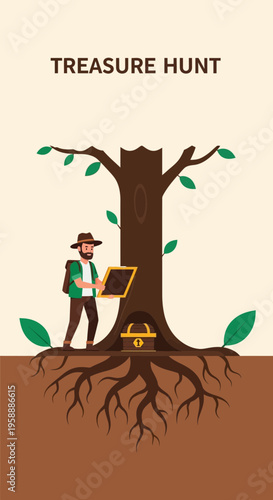 Adventurer Discovering Hidden Treasure Beneath Ancient Tree Roots
