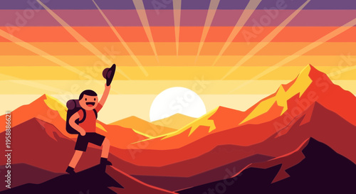 Adventurer Reaches Mountain Summit At Vibrant Sunrise With Hat Raised High