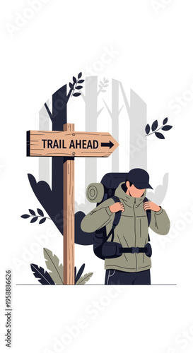 Adventurer Ready For A Wilderness Journey With Trail Sign
