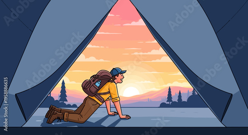 Adventurer Emerging From Tent At Sunrise Inspiring Outdoor Exploration