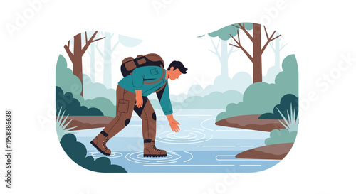 Adventurer Reaching Towards Rippling Water in a Serene Forest Landscape