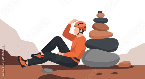 Adventurer Resting Beside Stacked Stones Meditation Serenity Outdoors
