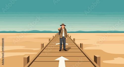 Adventurer On A Wooden Path Across A Sandy Expanse