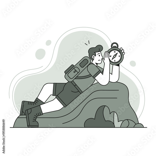 Adventurer Orienting With Compass On Rocky Terrain Modern Illustration