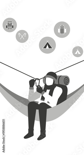 Adventurer Resting In Hammock With Camping Icons Above