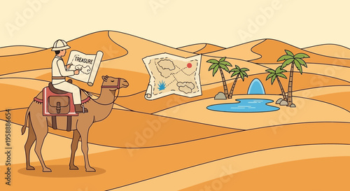 Adventurer Embarks On Desert Quest Following Treasure Map To Oasis Oasis Discovery