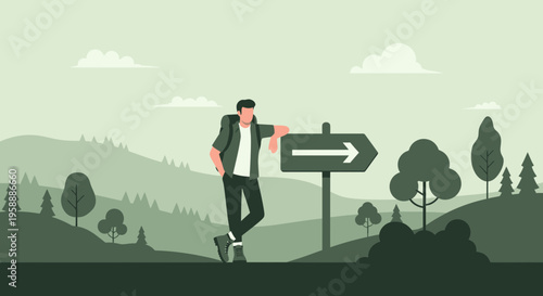 Adventurer Pauses At Directional Sign In Mountainous Landscape
