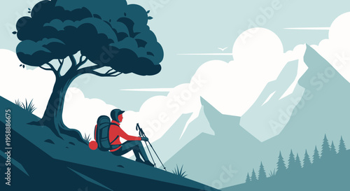 Adventurer Resting Under Tree With Mountain View