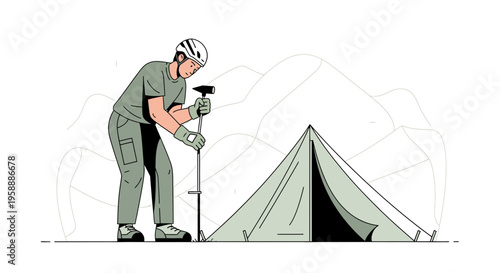 Adventurer Establishing Camp In Rugged Mountainous Terrain