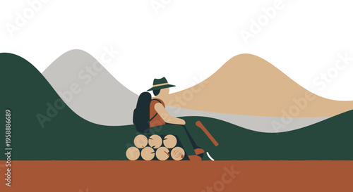 Adventurer Resting With Stacked Wood And Axe In Scenic Landscape
