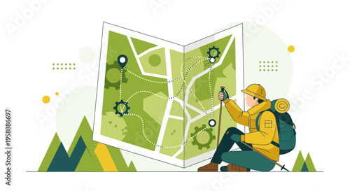 Adventurer Planning Expedition Route On Detailed Terrain Map