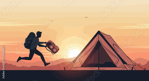 Adventurer Runs Towards Tent At Sunrise Setting Up Camp