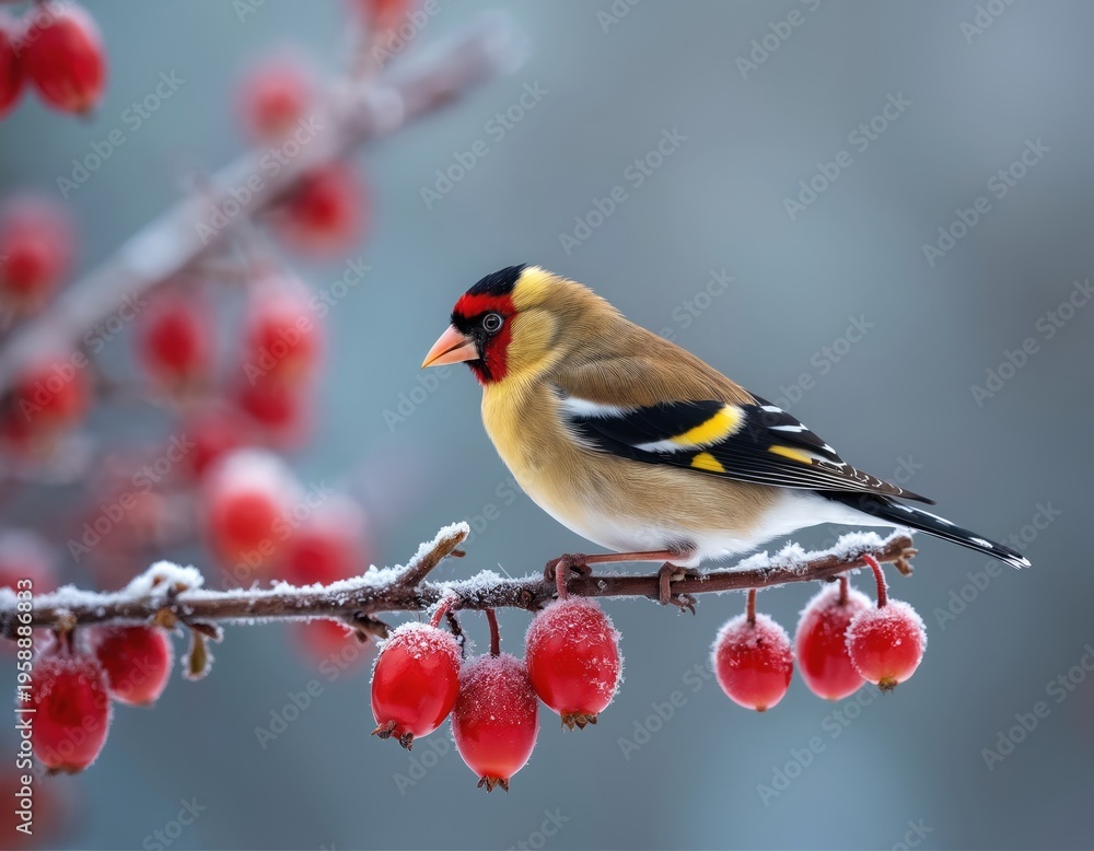 Naklejka premium European goldfinch perches on frosted branch with red berries. Small bird with yellow white and black plumage sits on frozen bush. Wild fauna in winter nature.